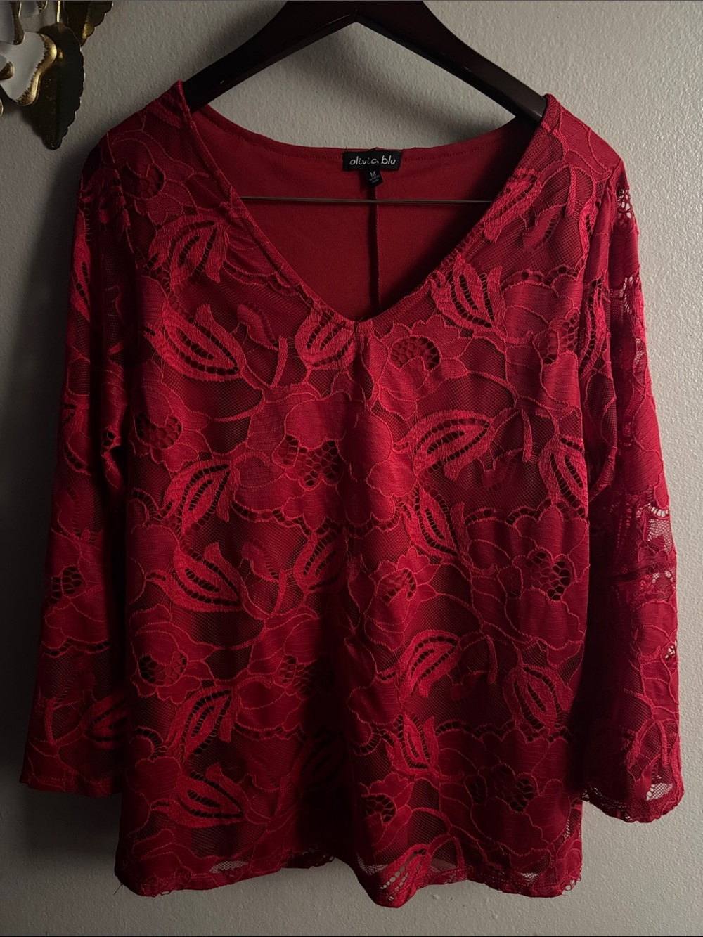 Oliva Blu Women's Red Lace V-Neck Tunic Top